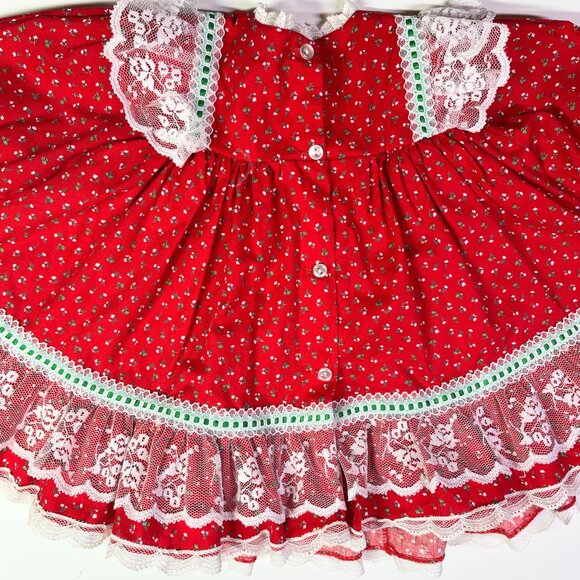 Vintage Bryan Size 12M Frilly Red Dress Lace Green Trim - Picture 10 of 11